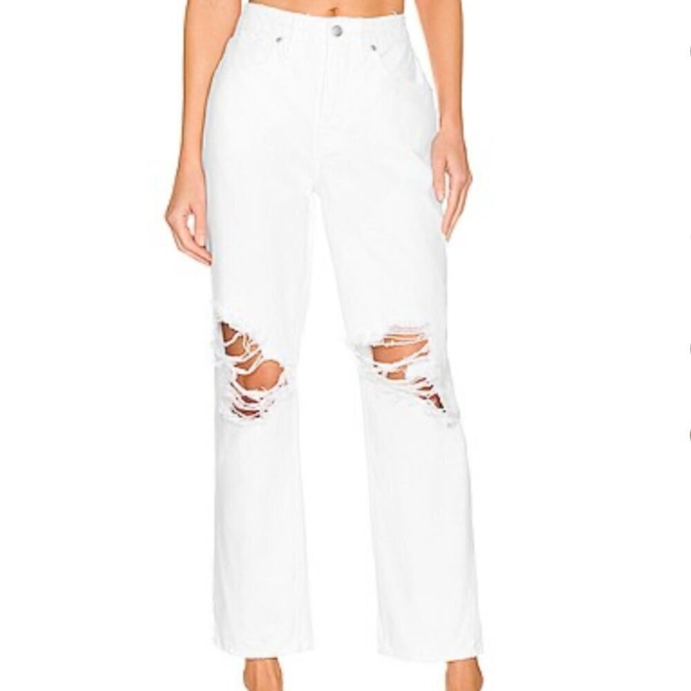 GOOD AMERICAN Good 90s Duster White Distressed Straight High Rise Jeans US 10/30